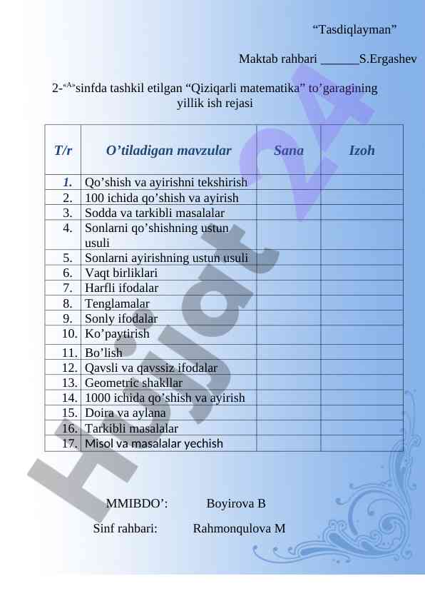Qiziqarli matematikaga oid yillik ish rejasi