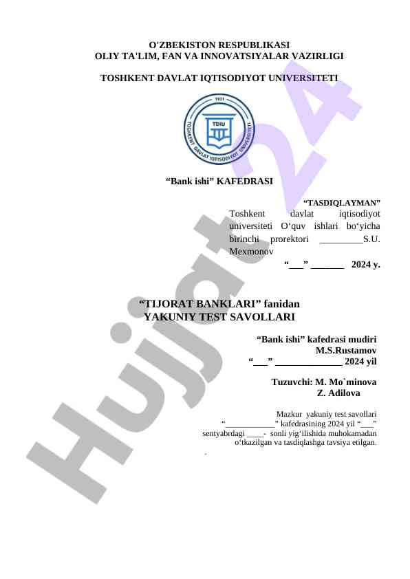 Tijorat banklari fanidan yakuniy test savollari 2024