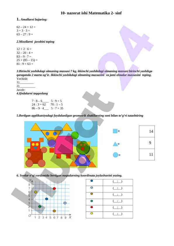 Matematika 2-sinf nazorat ishining misollari