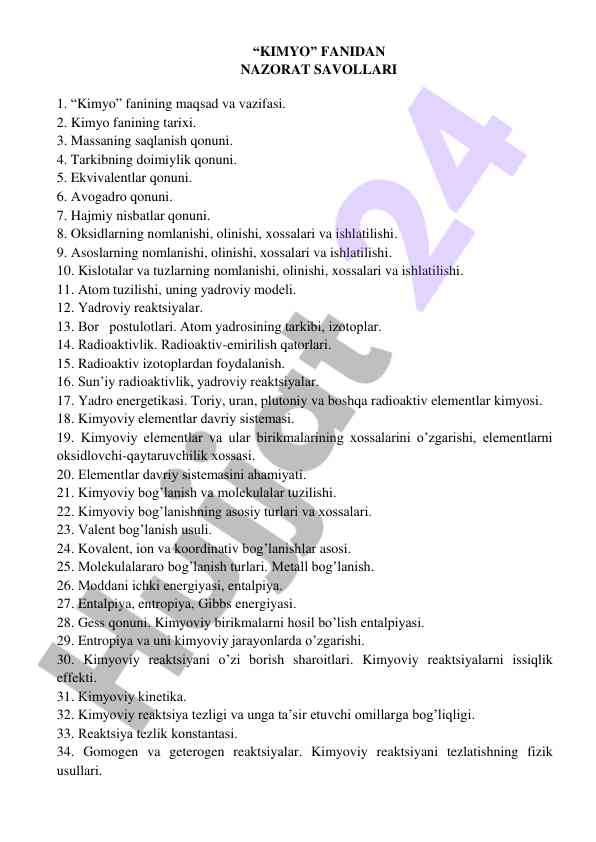 Kimyo fanidan nazorat savollari va mavzular