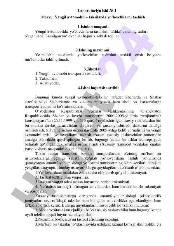 Yengil avtomobil taksilarda yo'lovchilarni tashish