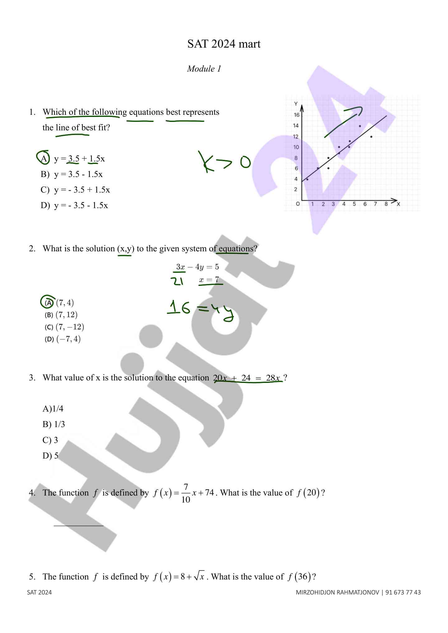 Sat 2024 test paper - best fit line solutions