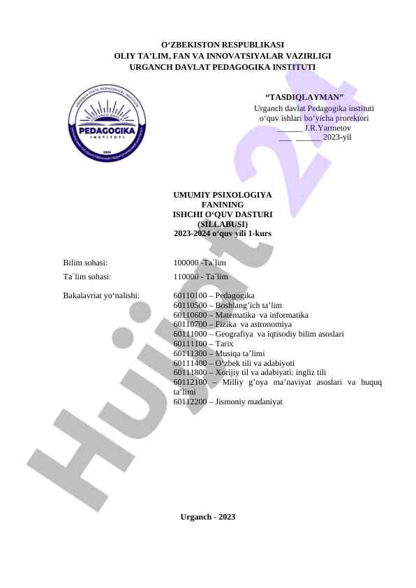 Umumiy psixologiya fanining ishchi o‘quv dasturi 2023-2024