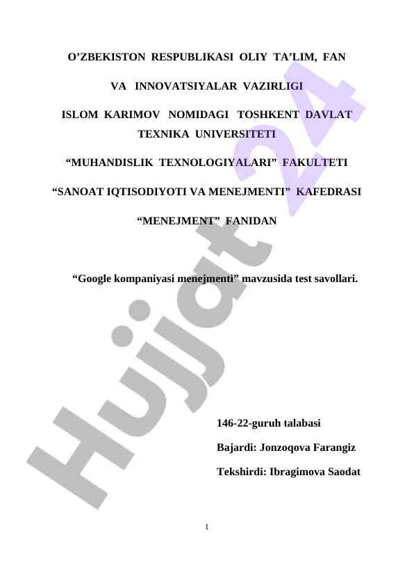 Google kompaniyasi manejmenti test savollari