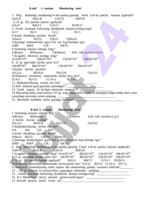 8-sinf monitoring testi savollari va javoblari