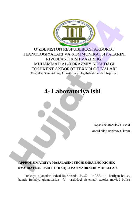 Algoritmlarni loyihalash fanidan laboratoriya ishlari