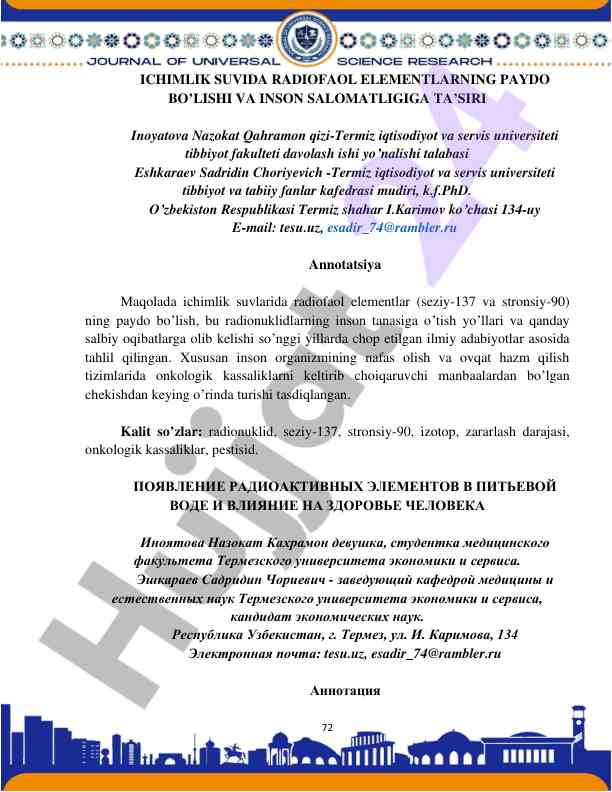 Radiy faol elementlar ichimlik suvda va salomatlik