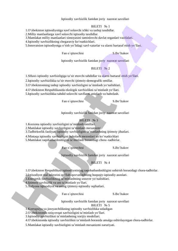 Iqtisodiy xavfsizlik fanidan joriy nazorat savollari