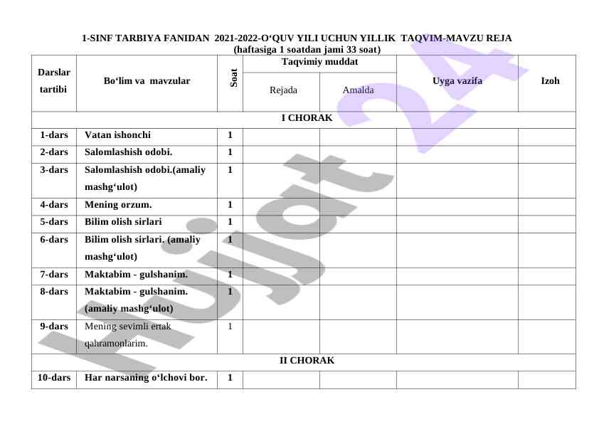 1-sinf tarbiya fanidan yillik taqvim reja 2021-2022