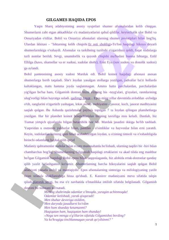 Gilgames haqida eposning tahlili