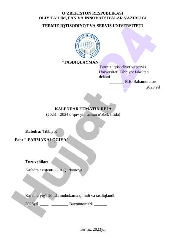 Farmalogiya kalendar tematik reja 2023-2024