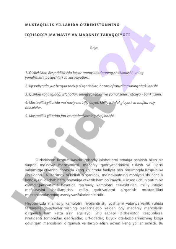 O'zbekistonning iqtisodiy rivoji mustaqillik yillarida