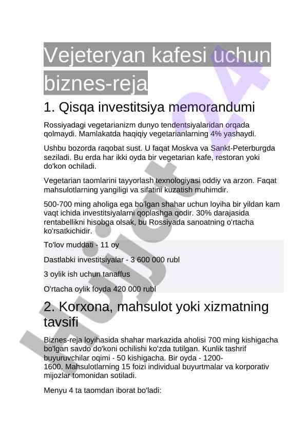 Vejeteryan kafesi uchun biznes-reja
