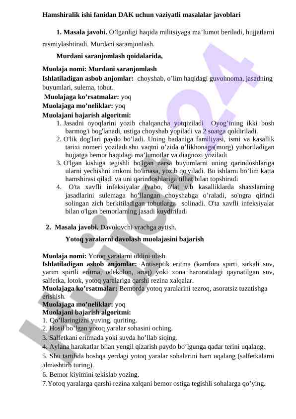 Hamshiralik ishi fanidan vaziyatli masalalar javoblari