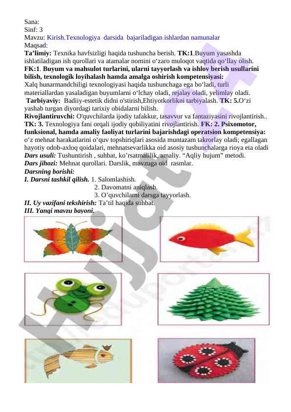 Kirish texnologiya darsida bajariladigan ishlar
