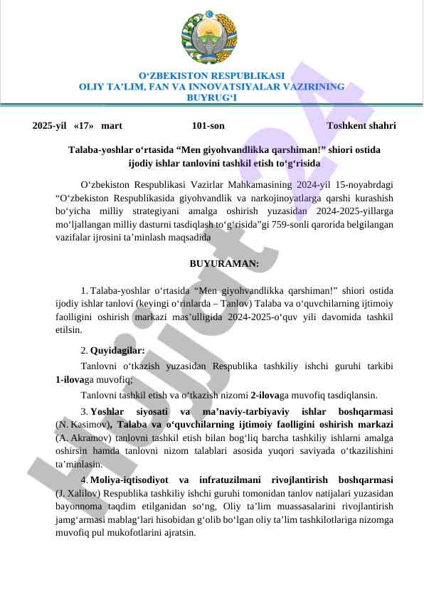 Ijodiy ishlar tanlovi o‘tish qo‘llanmasi