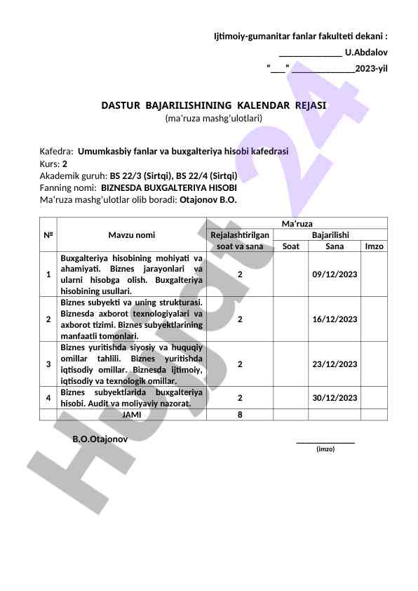 Kalendar rejasi bo'yicha amaliy mashg'ulotlar