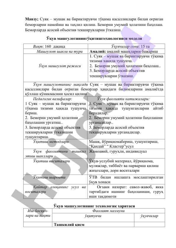 Cуяк – мушак касалликлари бўйича ўқув машғулоти