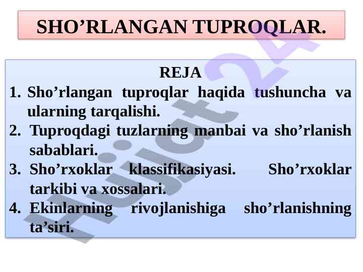 Sho’rlangan tuproqlar tushunchasi va tarqalishi