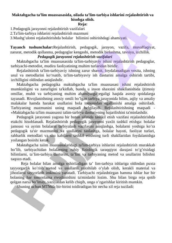 Maktabgacha ta’limda rejalashtirish asoslari