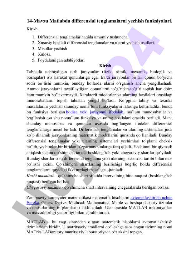 Matlabda differensial tenglamalarni yechish funksiyalari