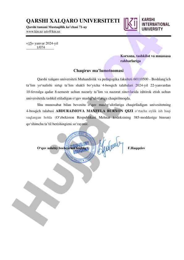 O‘quv mashg‘ulotlariga chaqiruv ma’lumotnomasi
