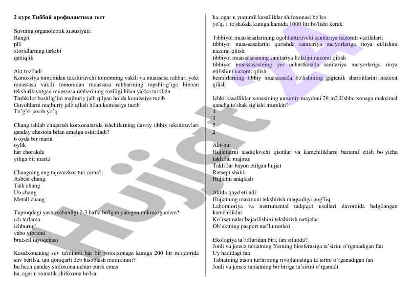 Tibbiy profilaktika testlari va organoleptik xususiyatlar