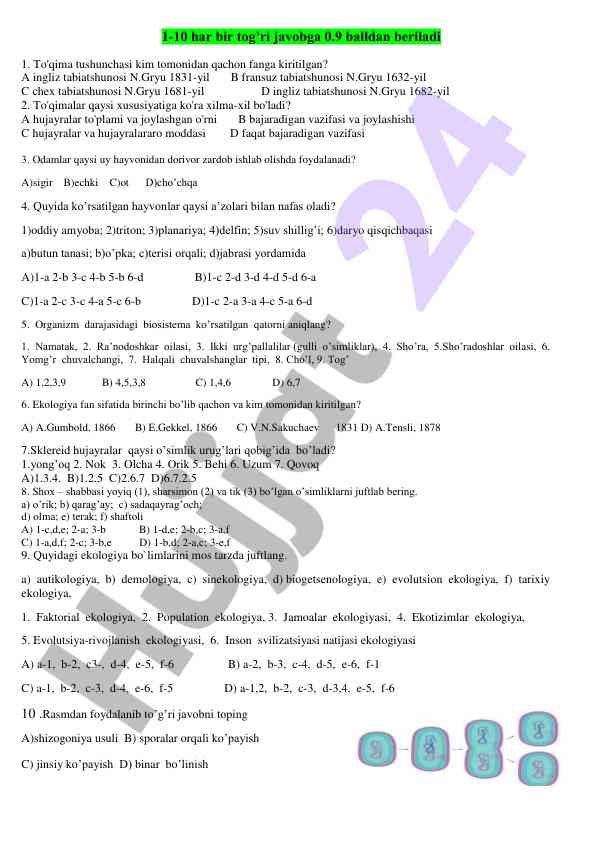 To'qima va biosistemalar bo'yicha test savollari