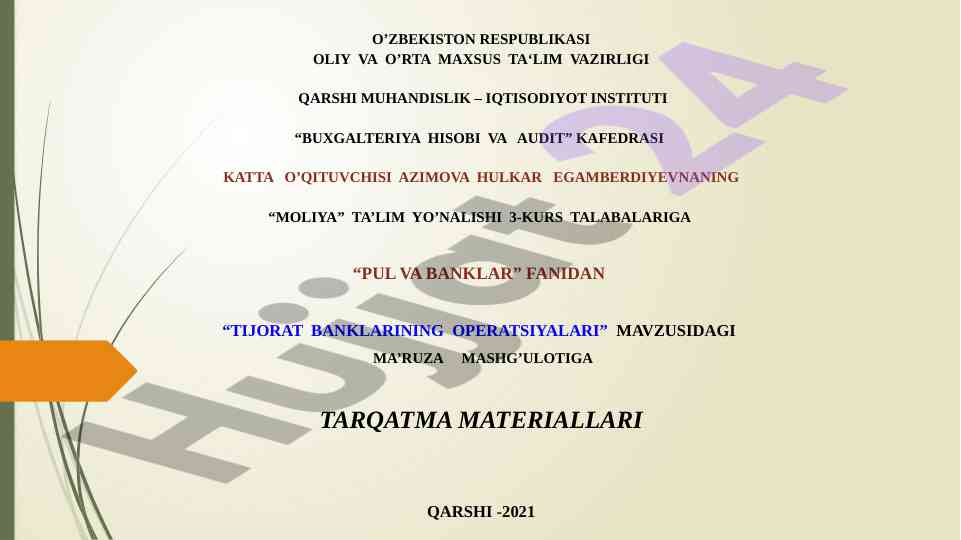 Tijorat banklarining operatsiyalari ma'ruzasi