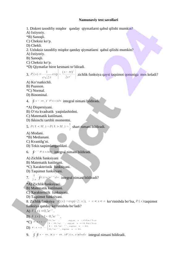 Diskret va uzluksiz tasodifiy miqdor testi