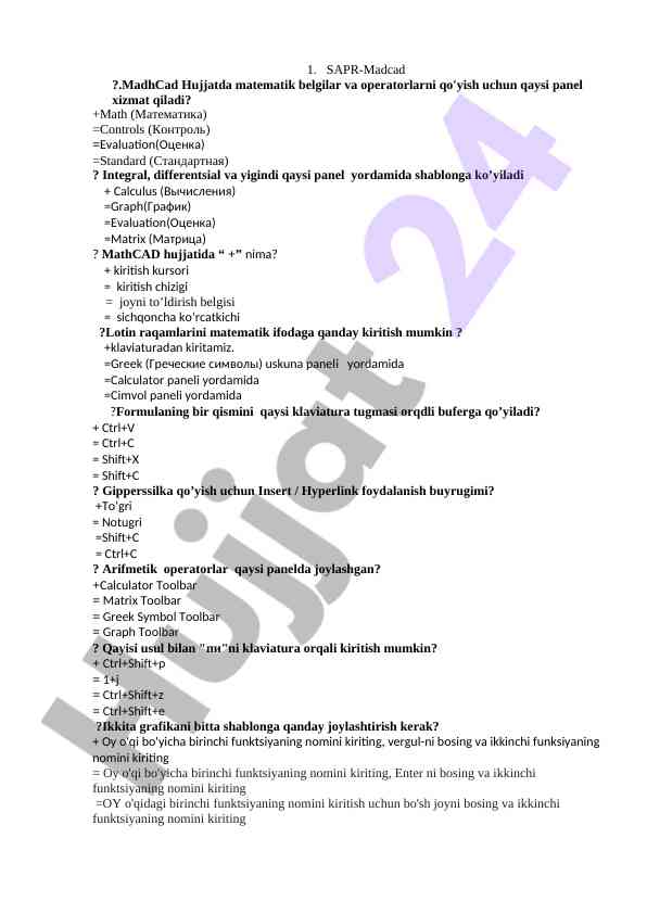 Mathcad hujjatida matematik operatorlar qo‘yilishi