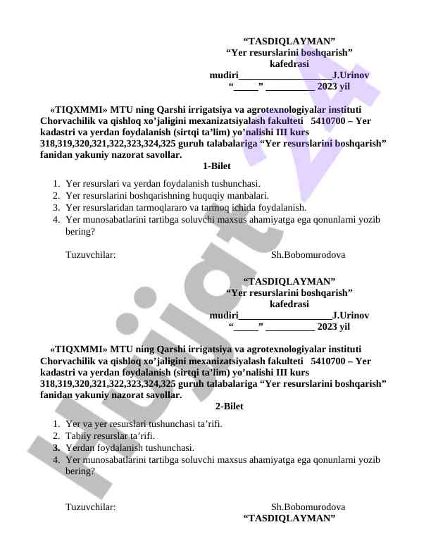 Yer resurslarini boshqarish fani nazorat savollari