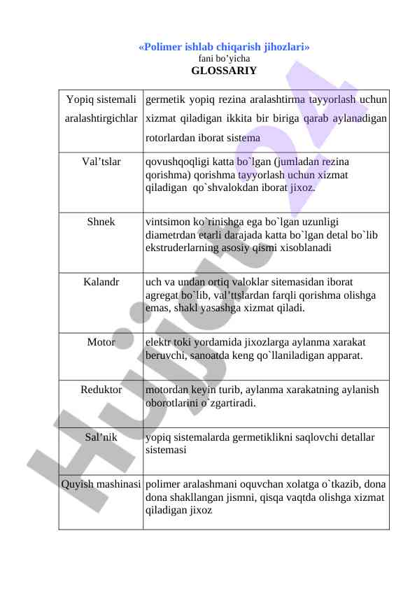Polimer ishlab chqarish jihozlari glossariy