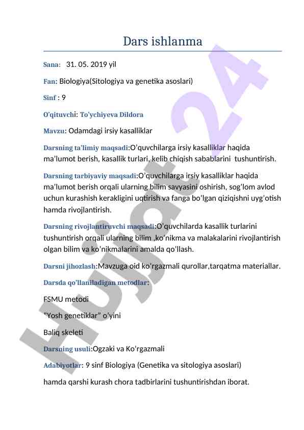 Odamdagi irsiy kasalliklar mavzusidagi dars ishlanma