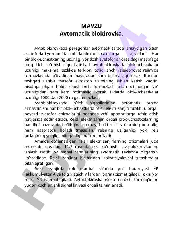 Avtomatik blokirovka tizimlari va ularning ishlash prinsiplari