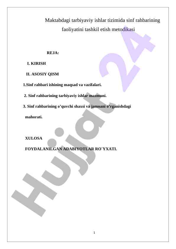 Sinf Rahbarining Faoliyatini Tashkil Etish Metodikasi