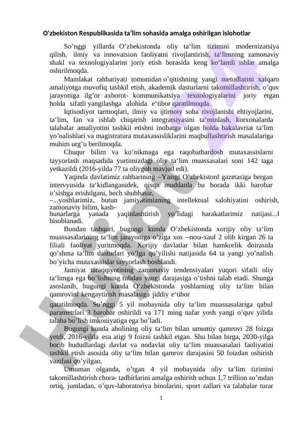 O‘zbekiston ta’lim tizimidagi islohotlar va rivojlanish