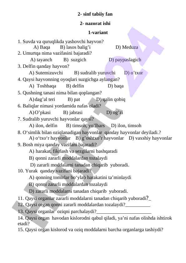 2-sinf tabiiy fan nazorat ishining savollari
