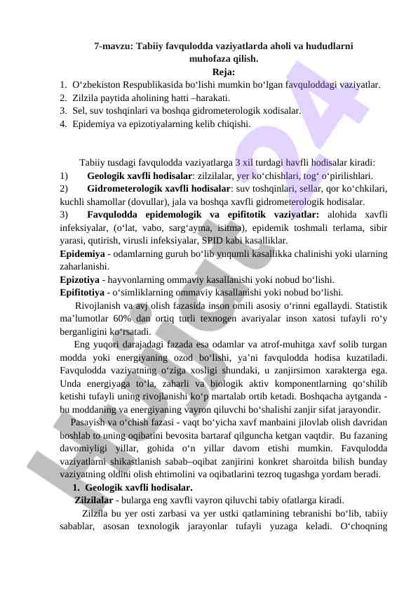 Tabiiy favqulodda vaziyatlar va aholi muhofazasini o‘rganish