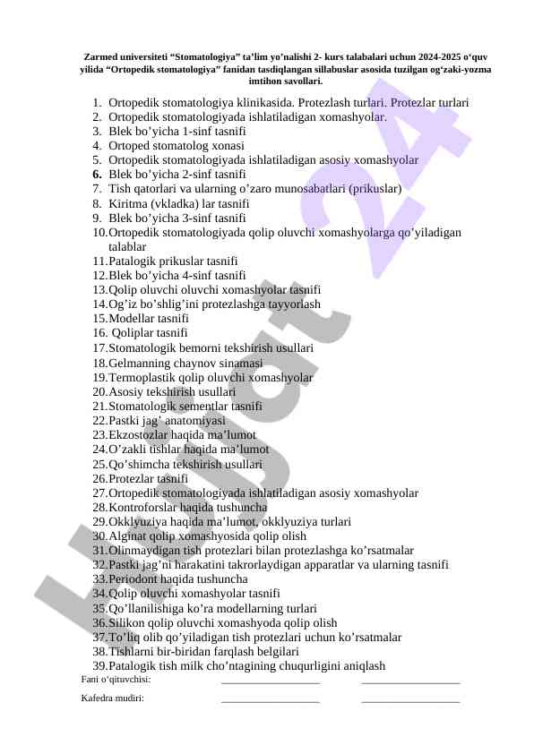 Ortopedik stomatologiya fanidan imtihon savollari 2024-2025