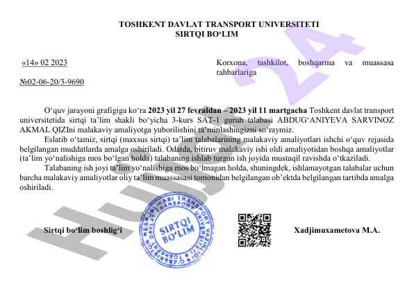 Malakaviy amaliyotni o‘tkazish taqdimoti 2023