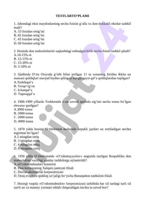 Testlar bo‘yicha qayta tahlil va nazorat savollari