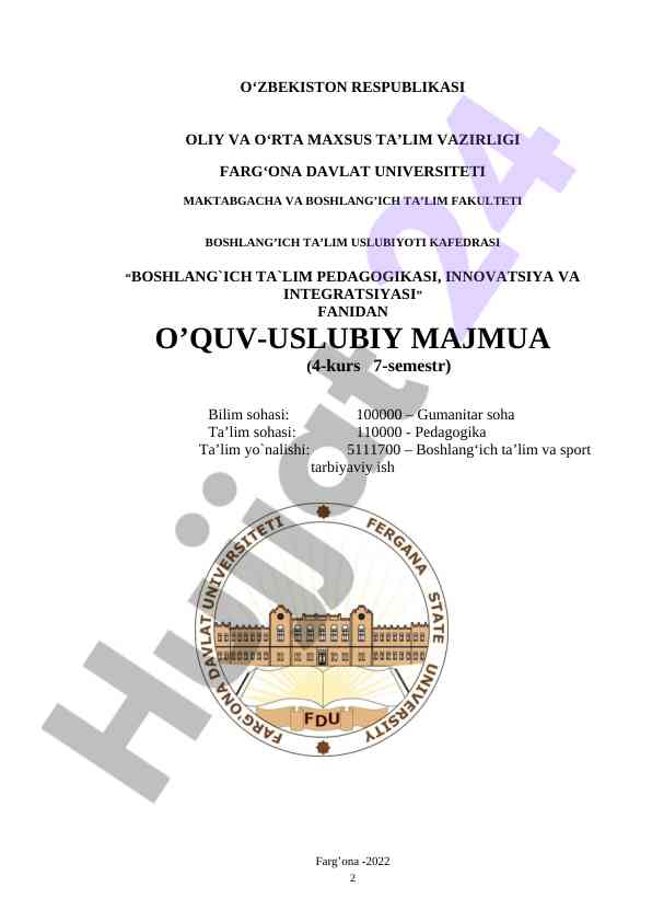 Boshlang‘ich ta’lim pedagogikasi fanidan o‘quv-majmua
