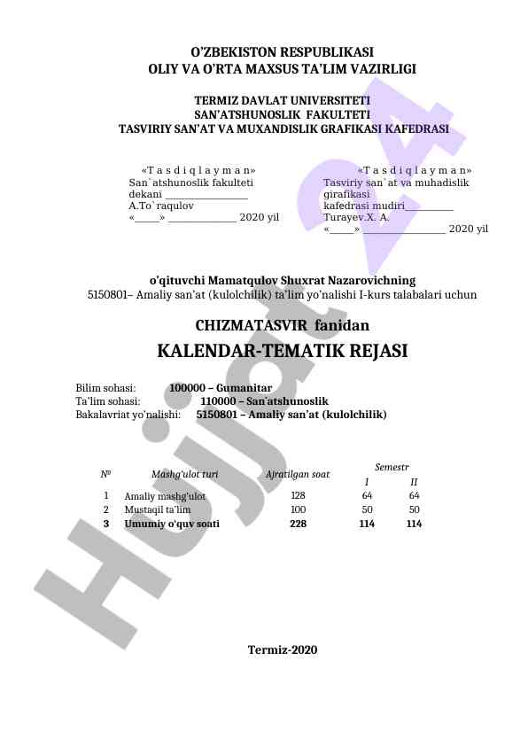 Chizmatasvir fanidan kalendar-tematik rejasi
