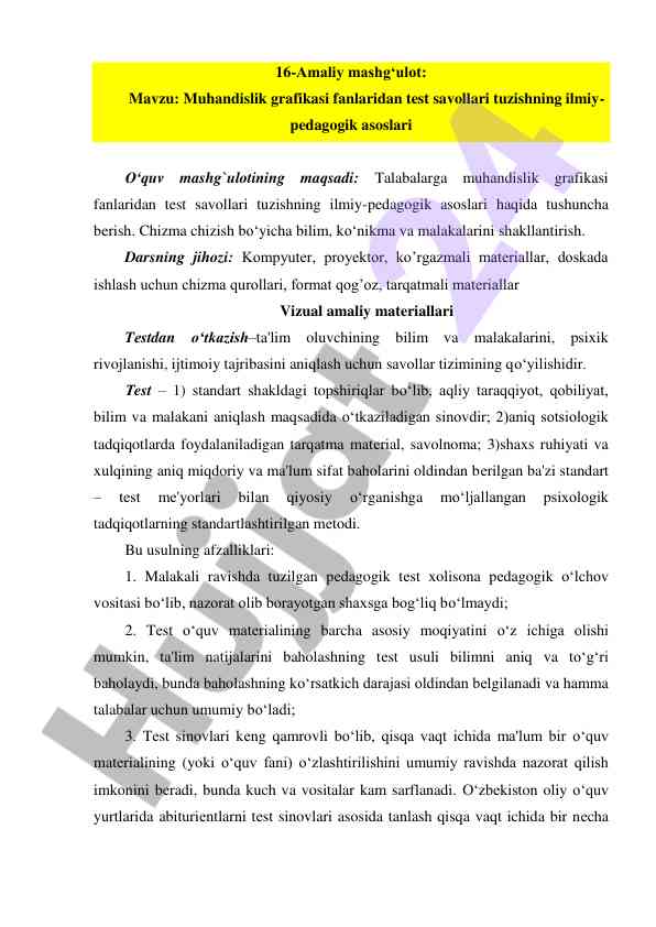 Muhandislik grafikasi test savollari tuzi