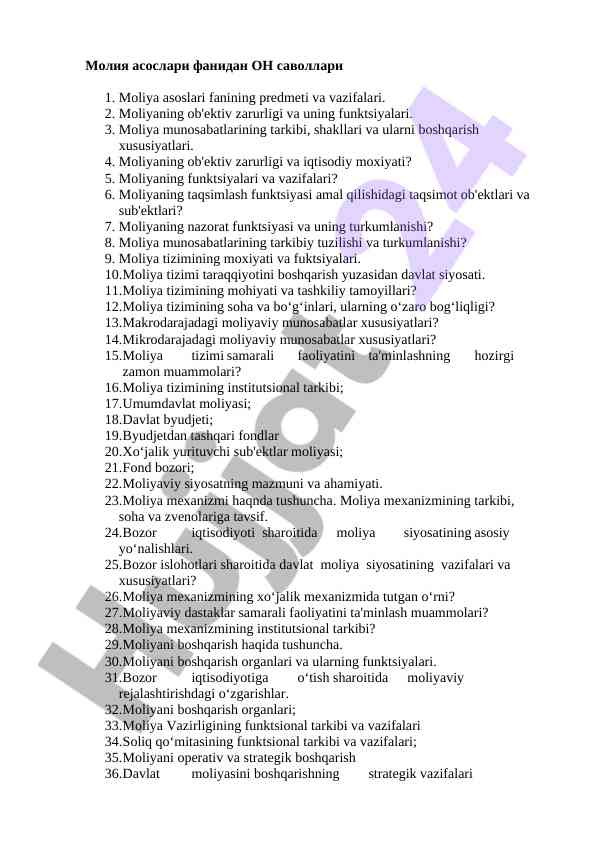 Moliya asoslari fanidan o‘n savollari