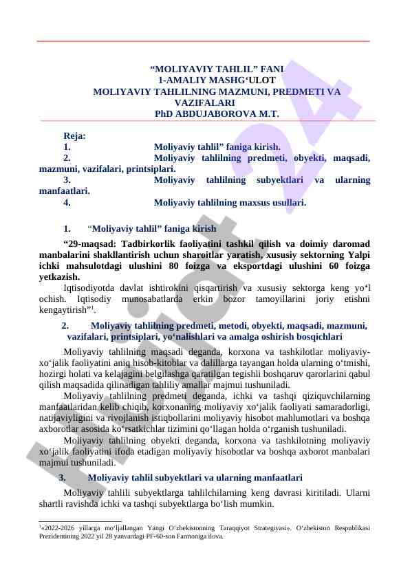 Moliyaviy tahlil fanidan amaliy mashg‘ulot