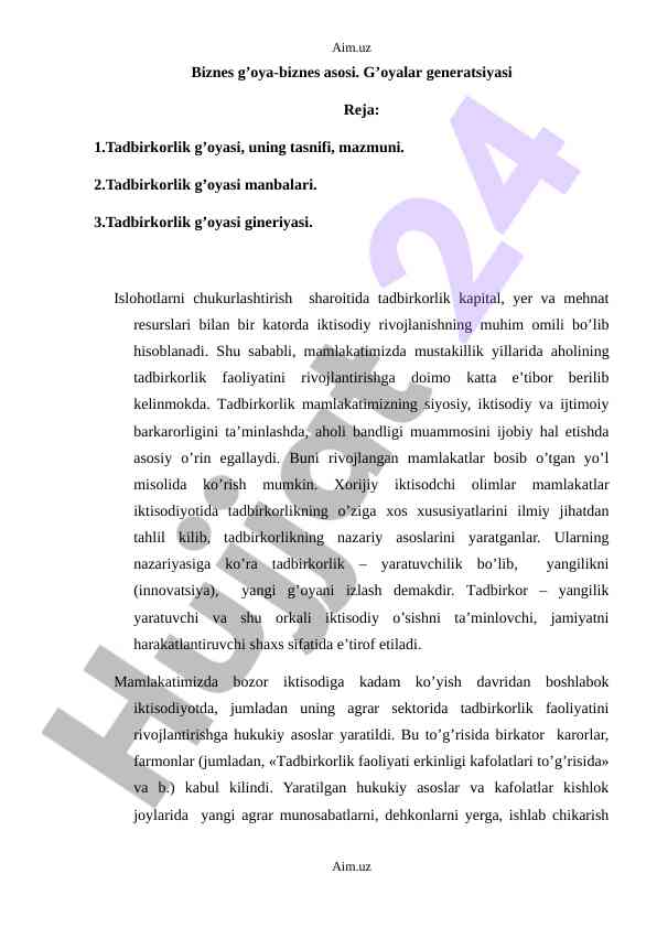 Tadbirkorlik G'oyasi Va Uning Manbalari