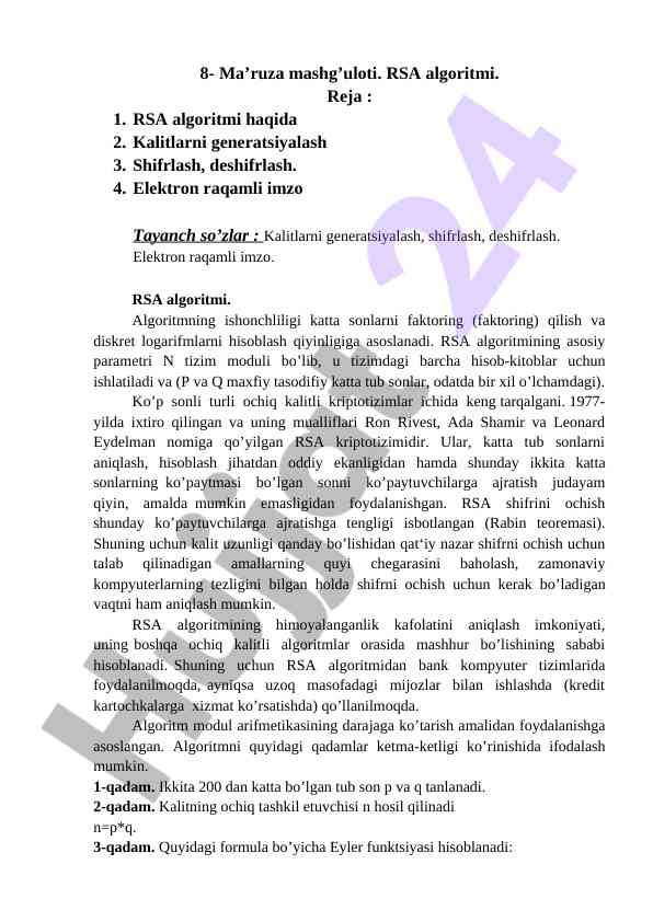 Rsa algoritmi va elektron raqamli imzo