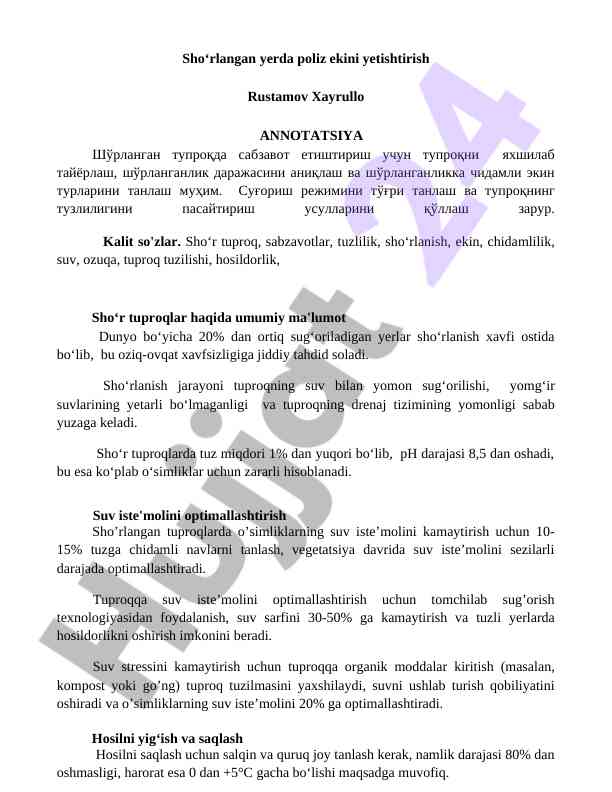 Shoʻrlangan tuproqda poliz ekini yetishtirish yondoshuvlari